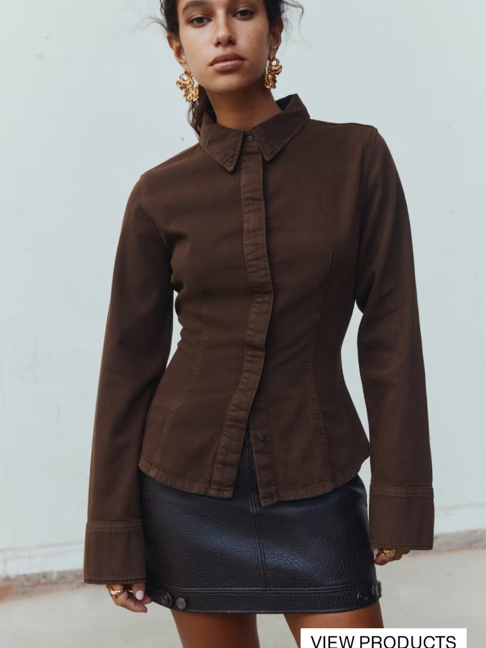 H&M Brown Fitted Button-Front Denim Women’s Shirt size 14